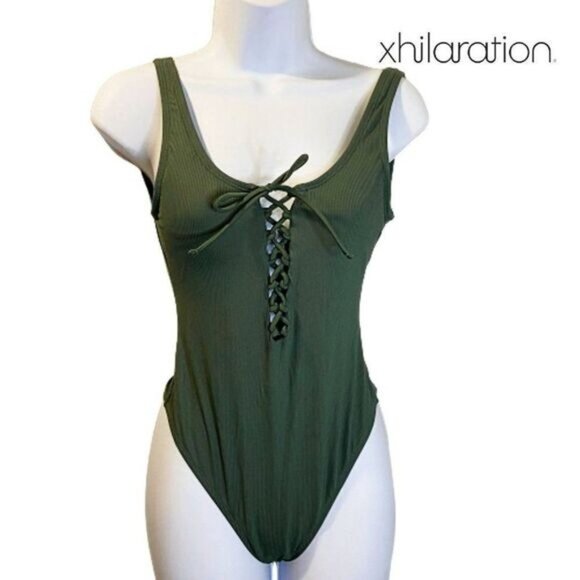 Xhilaration Women's Ribbed Lace Up Scoop Back One Piece‎ Swimsuit NWT - Picture 3 of 5